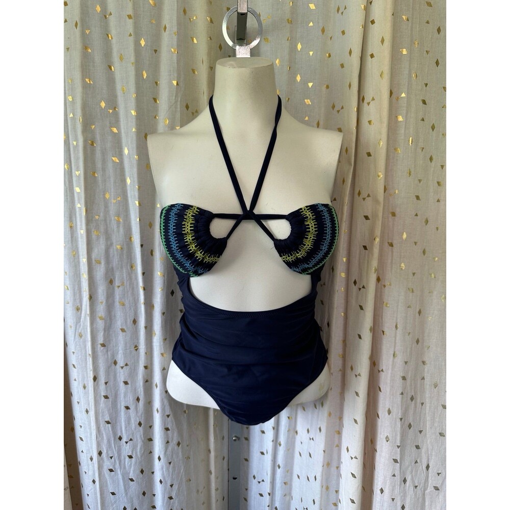 Aerie Navy Monokini Contrast Embroidery Halter One Piece Full Coverage Swimsuit